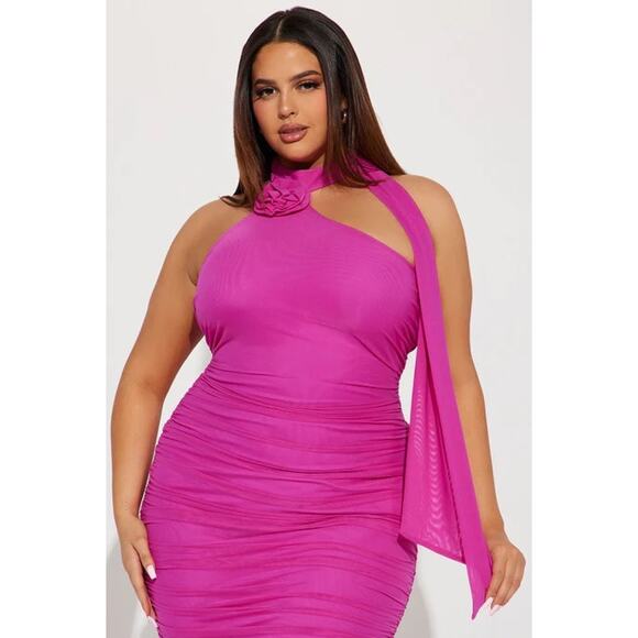 Fashion Nova Dresses & Skirts - Fashion Nova Selena Mesh Midi Dress 2XL Ruched Gathered Y2K $50 Magenta NWT